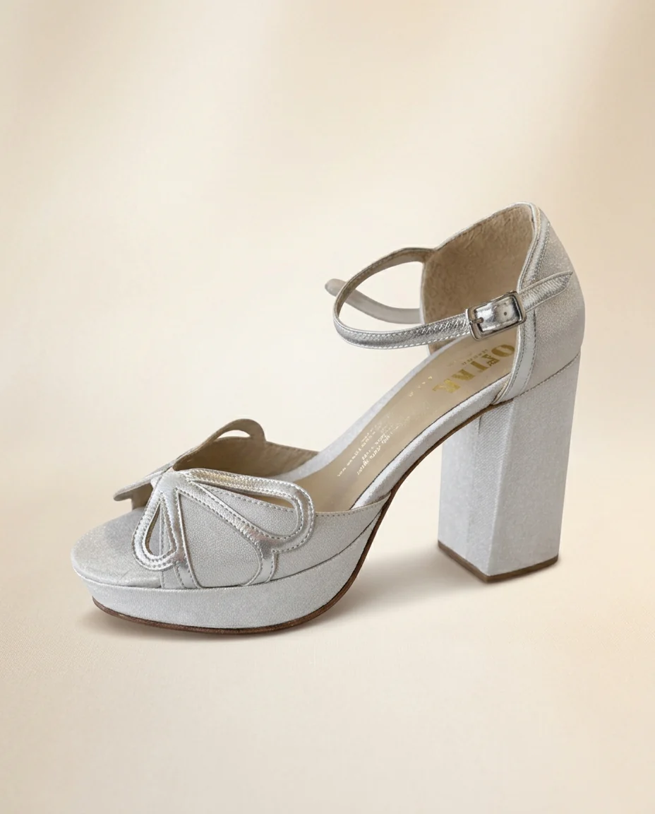 Sandalia de cuero para novia y fiesta Narciso, taco 9,5 cms y plataforma 2 cms procedencia Argentina